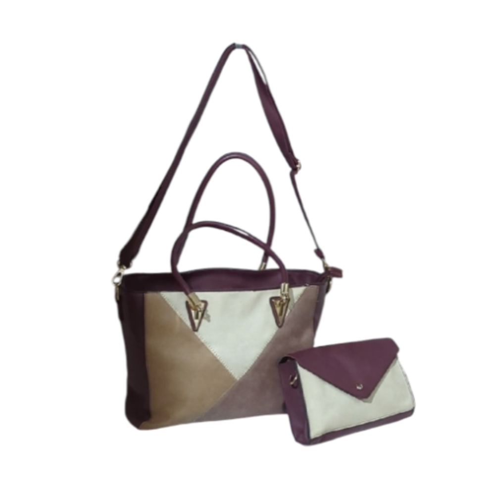 Elegant Burgundy and Tan Patchwork Handbag Set